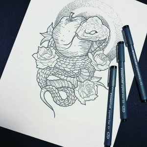 蛇玫瑰纹身手稿